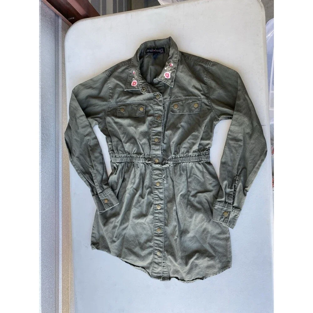 Derek Heart Girl M Olive Green Shirt Dress Embroidered Floral Utility Jacket